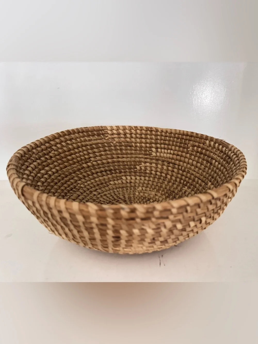 Vintage Handwoven Straw Basket Coiled Shallow Bowl Boho Decor